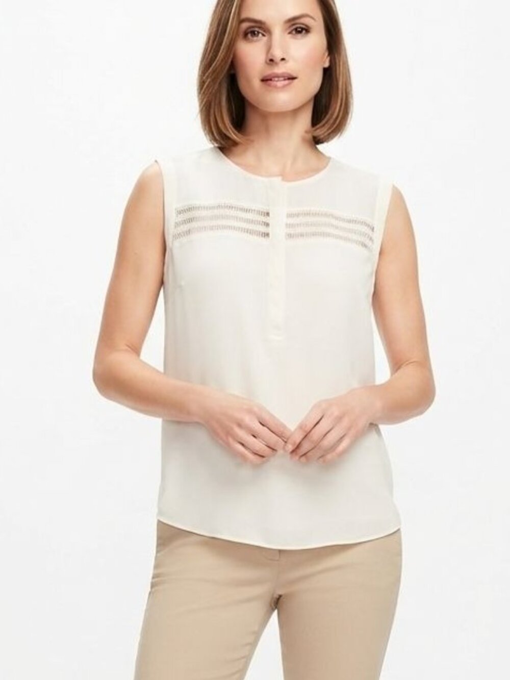 LOFT White Crochet Trim Sleeveless Blouse Top Size L